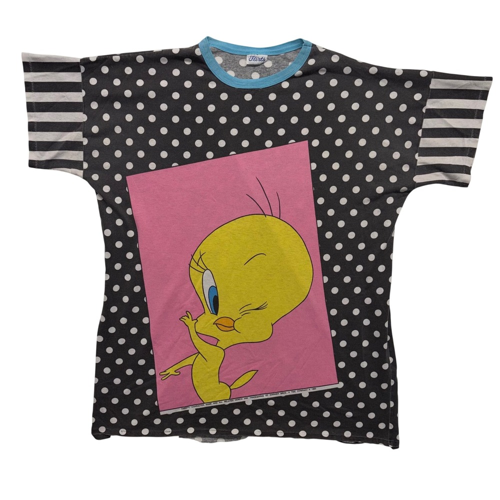 Vintage 1993 Flirts Tweety Bird Polka Dot Striped T-Shirt Black White Pink 90s